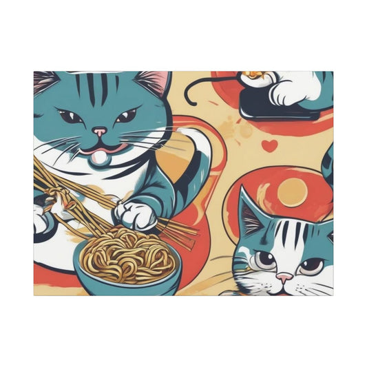 Cat-Themed Matte Canvas Wall Art - Cute Cats with Noodles.