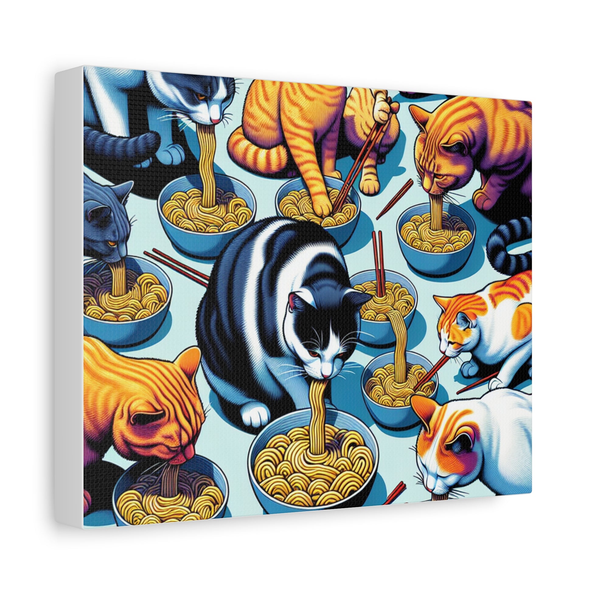 Whimsical Cat Canvas Art - Colorful Wall Decor Featuring Cats Eating Noodles.