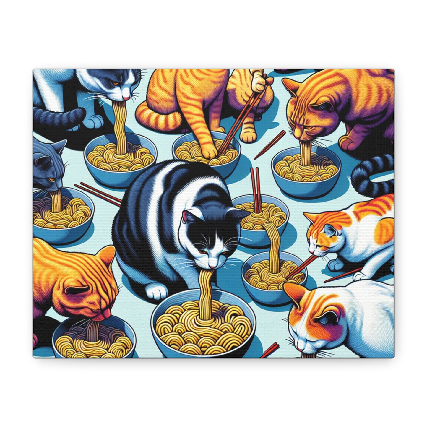 Whimsical Cat Canvas Art - Colorful Wall Decor Featuring Cats Eating Noodles.