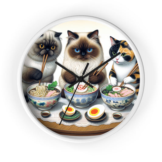 Cat-Themed Wall Clock - Cute Kittens Enjoying Ramen - Perfect Gift for Cat Lovers.